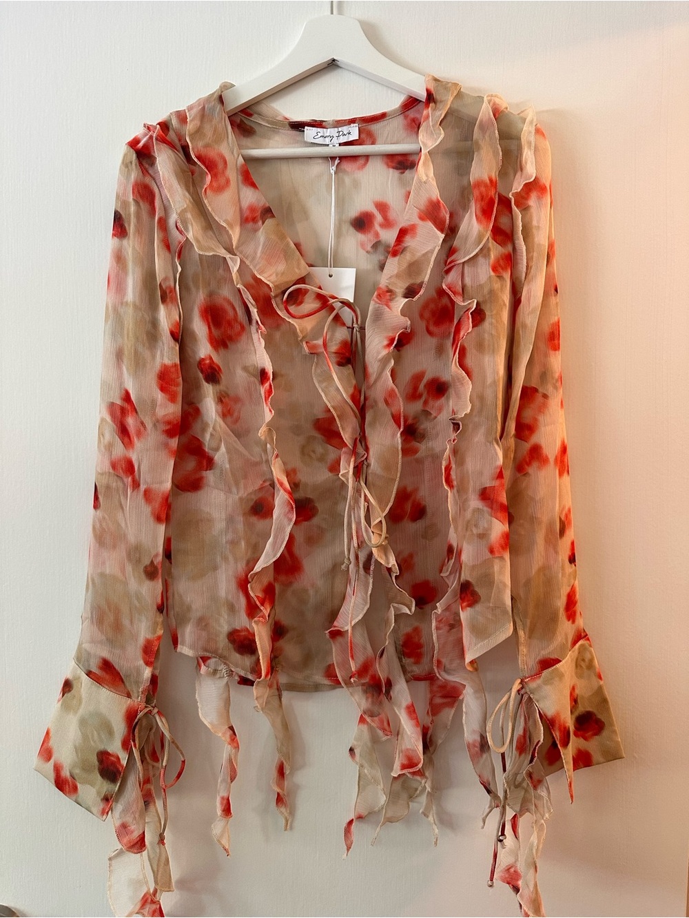 Romantic Festival Vacation Sheer Blouse with Red Floral Ruffle Ties